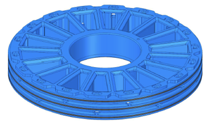 3D illustration of a blue injection moulded clamshell component designed by Traxial. It features a circular shape with a central hole, radial supports, and a ringed texture on its main surface.